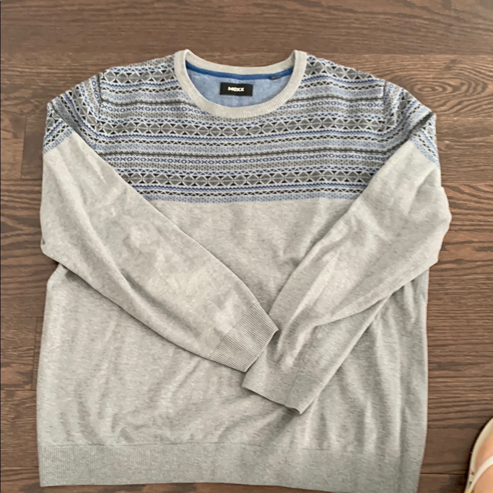 Gray and Blue Crewneck Sweater with Nordic Pattern